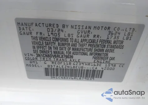 2024 Nissan Versa 1.6 S z USA, uszkodzony, nr VIN 3N1CN8DV6RL879039